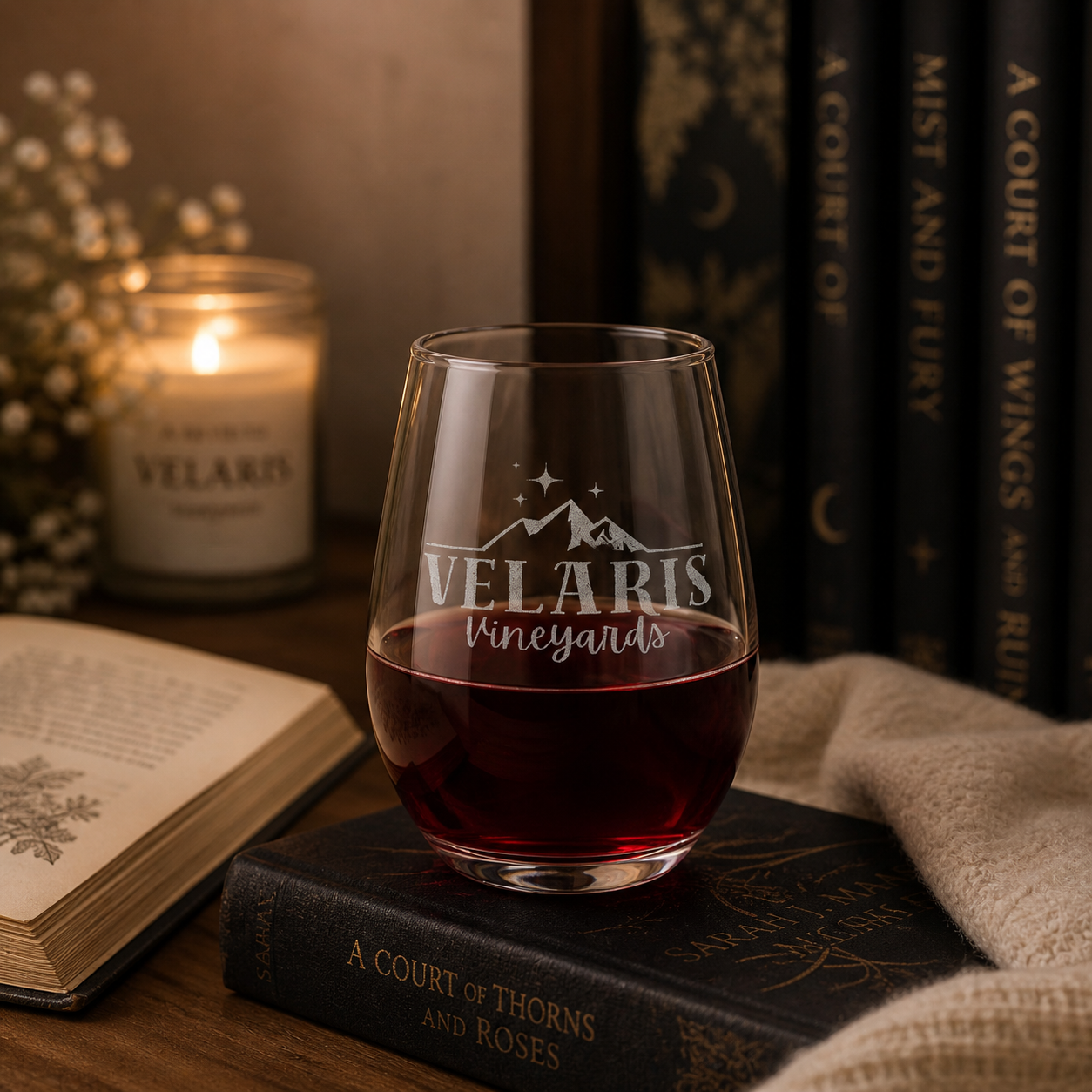 Velaris Vineyards Engraved Stemless Wine Glass Bookish Fantasy Drinkware