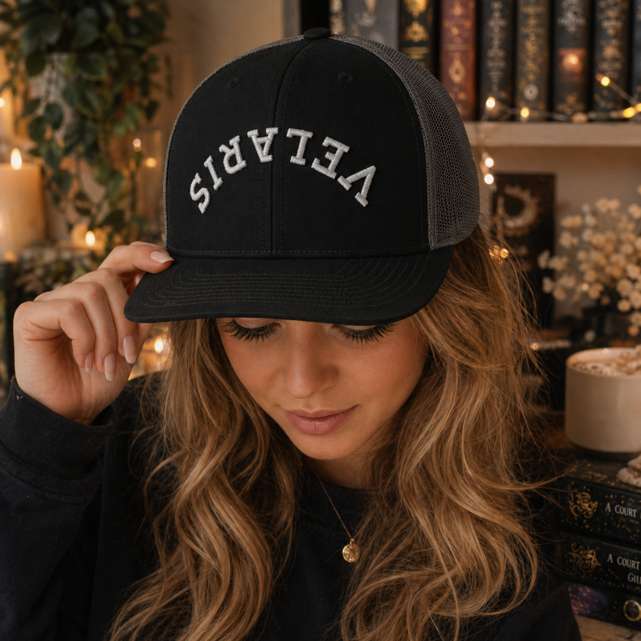 Upside Down Velaris Embroidered Trucker Hat, Black and Grey
